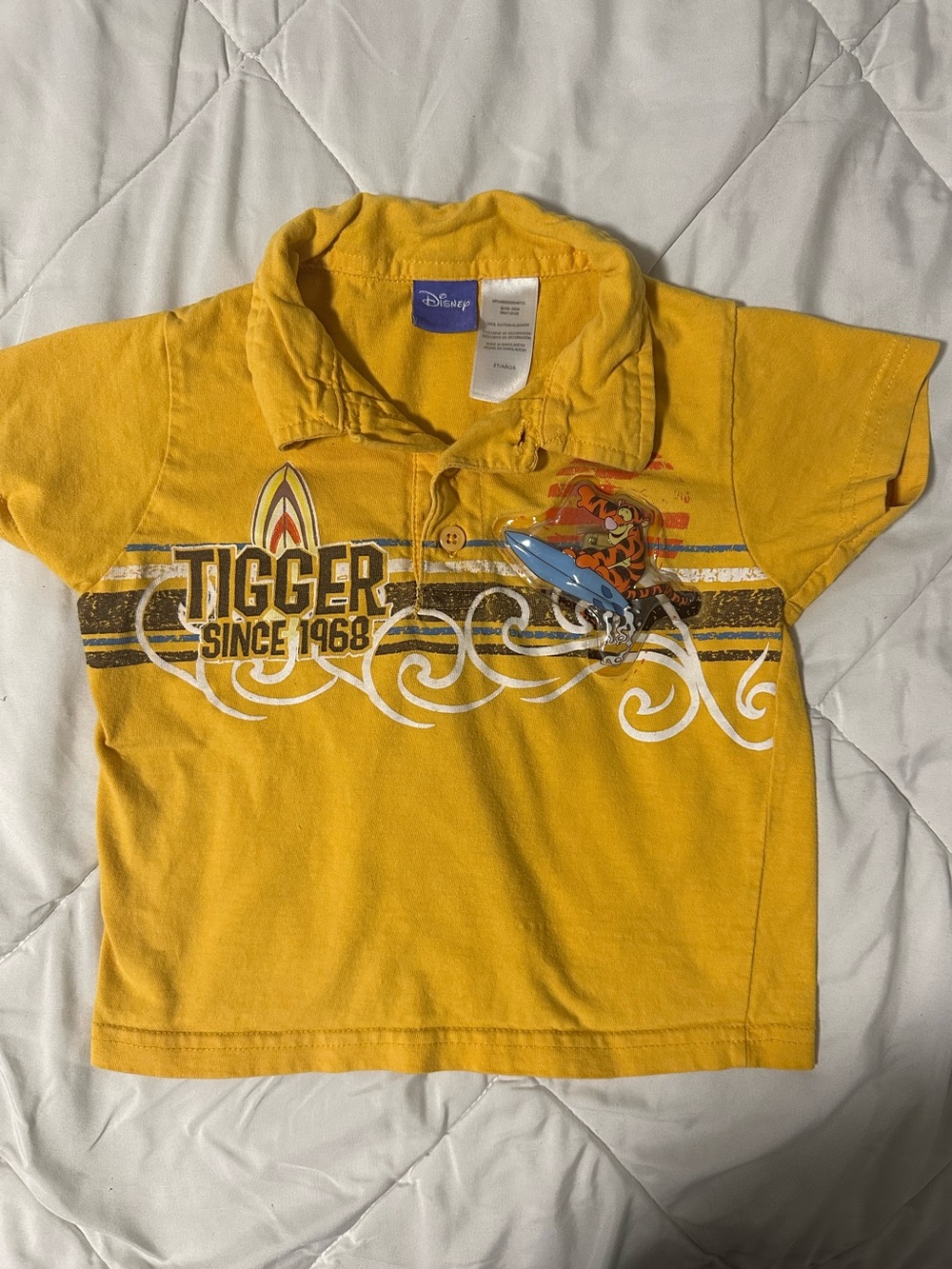 Vintage Disney Yellow Tigger Polo Tee with Surfing Graphic